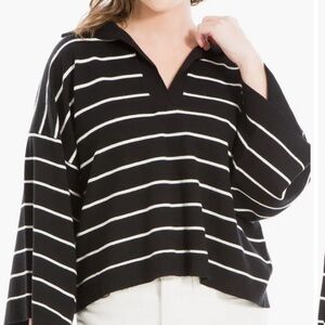 Max Studio Striped Green Johnny Collar Long-sleeve Top | Size Large